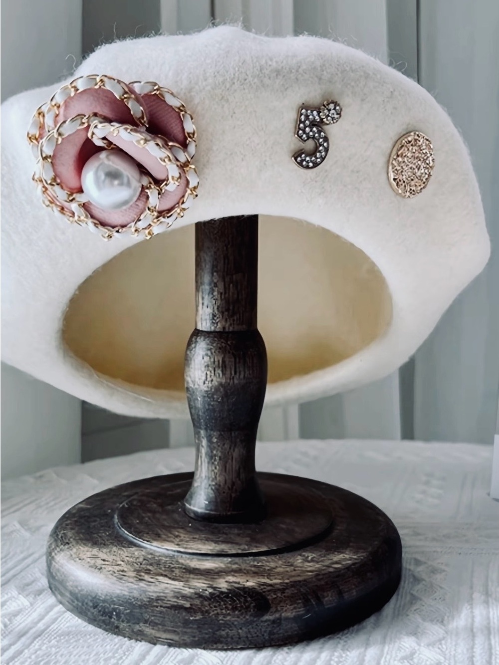 Trendy boutique Cream Felt Beret Display with Pink Pearl Flower